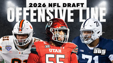 2026 NFL Draft offensive line rankings graphic featuring Spencer Fano (Utah), Francis Mauigoa (Miami), and Olaivavega Ioane (Penn State), highlighting top OT and IOL prospects in the 2026 NFL Draft class.