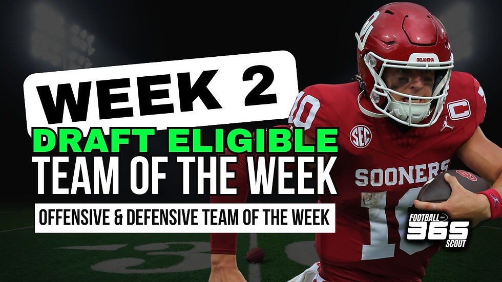 Week 2 Draft Eligible College Football Team of the Week graphic featuring Oklahoma Sooners quarterback John Mateer — Football Scout 365 NFL Draft 2026 spotlight.