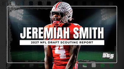 Jeremiah Smith Ohio State wide receiver 2027 NFL Draft scouting report graphic with Football Scout 365 branding and NFL Draft projection artwork.