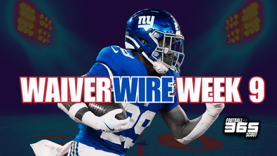 Fantasy Football Waiver Wire Week 9 graphic featuring New York Giants running back Tyrone Tracy Jr. carrying the football, with bold red and blue text reading ‘Waiver Wire Week 9’ and the Football Scout 365 logo in the corner.