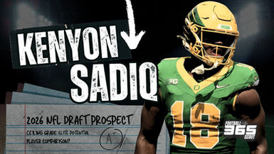 Image of Oregon tight end Kenyon Sadiq featured in a Football Scout 365 graphic titled “2026 NFL Draft Prospect.” Highlights Sadiq’s elite athleticism, blocking dominance, and projection as a first-round tight end in the 2026 NFL Draft.