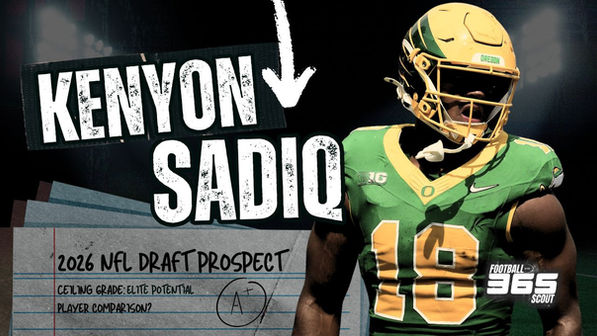 Image of Oregon tight end Kenyon Sadiq featured in a Football Scout 365 graphic titled “2026 NFL Draft Prospect.” Highlights Sadiq’s elite athleticism, blocking dominance, and projection as a first-round tight end in the 2026 NFL Draft.