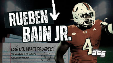 Image of Miami Hurricanes EDGE Rueben Bain Jr. wearing his No. 4 jersey, featured in a Football Scout 365 graphic titled “2026 NFL Draft Prospect.” The design highlights Bain’s elite potential and A+ scouting grade projection.