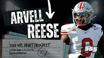 Image of Ohio State linebacker Arvell Reese in uniform during a 2025 game, featured in a Football Scout 365 graphic titled “2026 NFL Draft Prospect.” The design highlights Reese’s elite potential and A+ scouting grade, emphasizing his status as one of the top defensive prospects in the 2026 NFL Draft.
