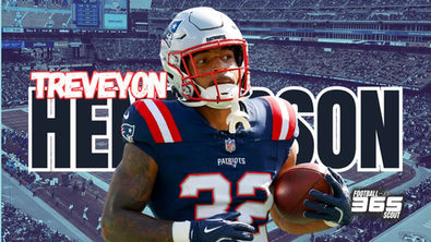 TreVeyon Henderson thumbnail showing the New England Patriots rookie running back in full uniform holding a football, with bold text of his name in the background at Gillette Stadium; Football Scout 365 branding included — 2026 NFL Draft rookie analysis.
