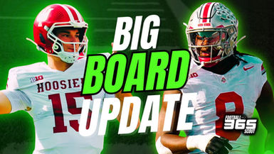 2026 NFL Draft Big Board Update graphic featuring Indiana quarterback Fernando Mendoza and Ohio State linebacker Arvell Reese in action, with bold green and white text reading ‘Big Board Update’ and the Football Scout 365 logo.