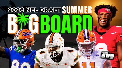 2026 NFL Draft Summer Scouting Big Board graphic featuring top prospects Caleb Downs (Ohio State), Peter Woods (Clemson), Rueben Bain Jr. (Miami), and Caleb Banks (Florida) with bold Big Board title and tropical summer theme.