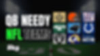 Graphic showing the "QB Needy NFL Teams" headline alongside team logos for the Saints, Browns, Giants, Jets, Panthers, Colts, Raiders, Rams, and Seahawks—representing franchises projected to be in the market for a new quarterback in the 2026 NFL Draft.