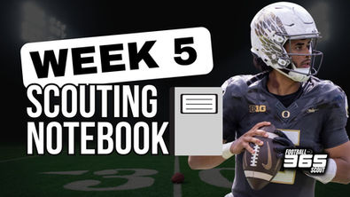 Week 5 Scouting Notebook graphic featuring Oregon quarterback Dante Moore celebrating after Oregon’s double-overtime win at Penn State, with Football Scout 365 branding.