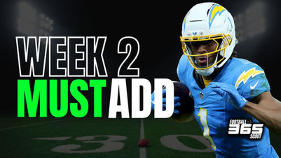Fantasy Football Waiver Wire Week 2 graphic featuring Los Angeles Chargers wide receiver in uniform with bold green and white text reading “Week 2 Must Add,” promoting top fantasy football pickups.