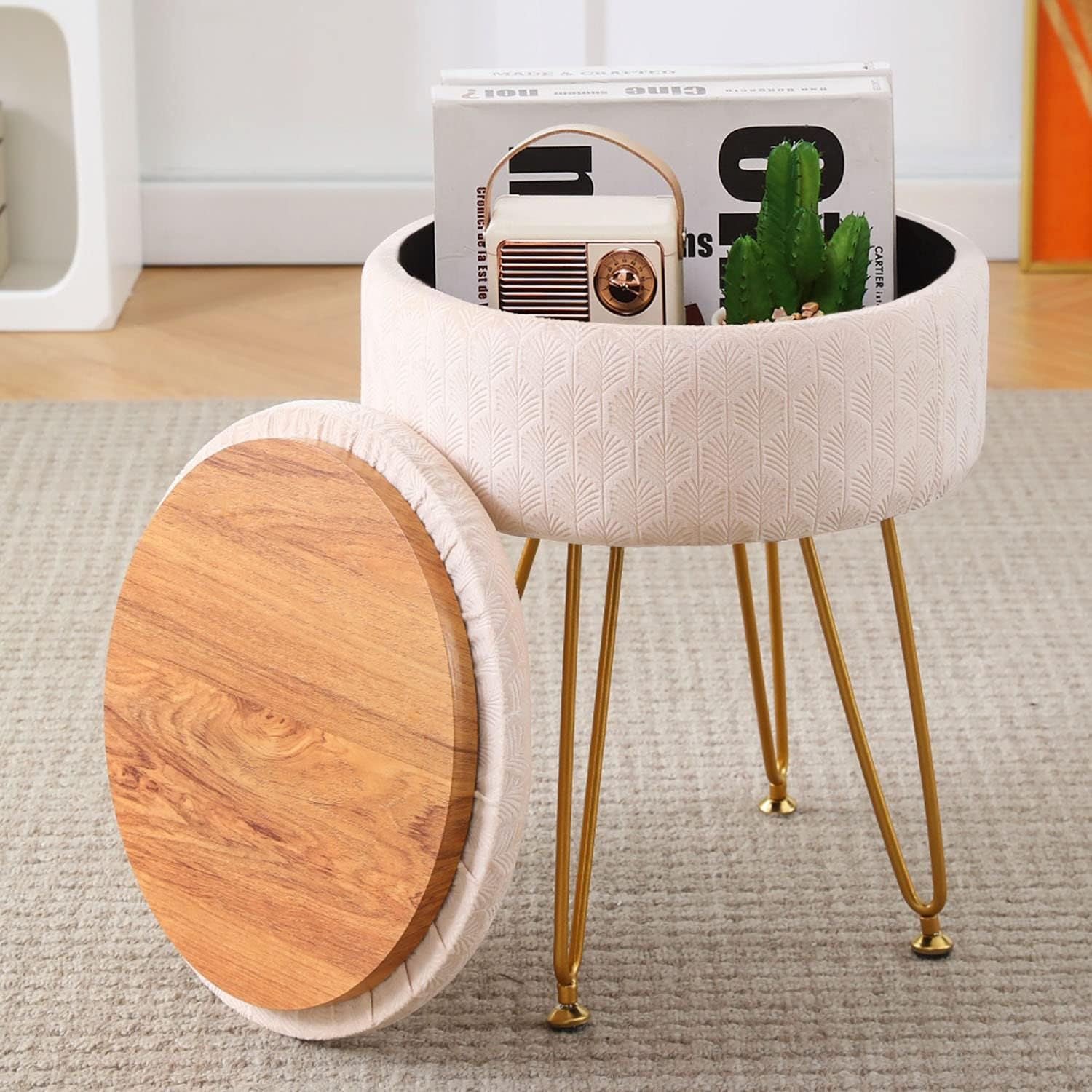 Footrest Footstools Round Velvet Ottoman with Storage Space Soft Vanity Chair