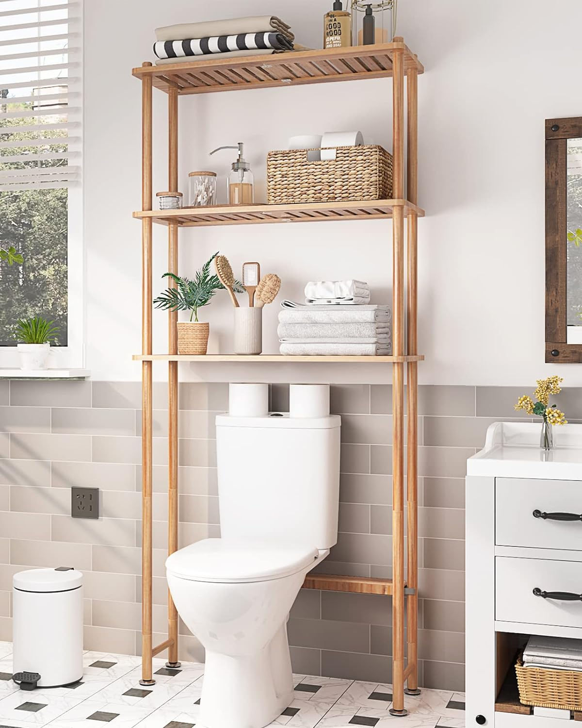Over The Toilet Storage Shelf Bamboo, 3-Tier Over Toilet Organizer Rack