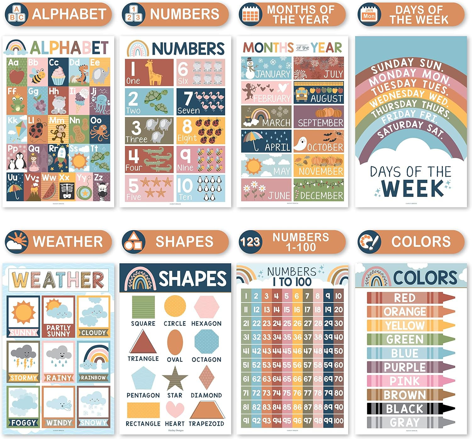 16 Boho Kids Educational Posters for Toddlers