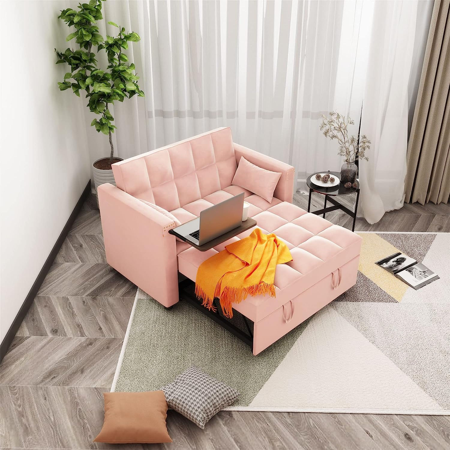 Convertible Sofa Bed, 3-in-1 Multi-Functional Velvet Sleeper Couch Pull-Out