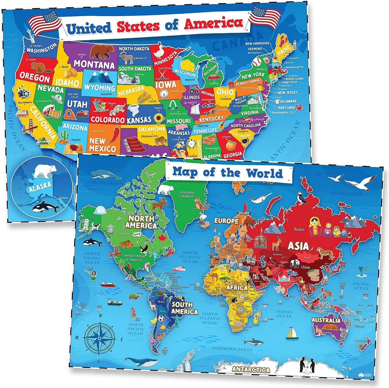 United States & World Map Poster for Kids - 2 Pc