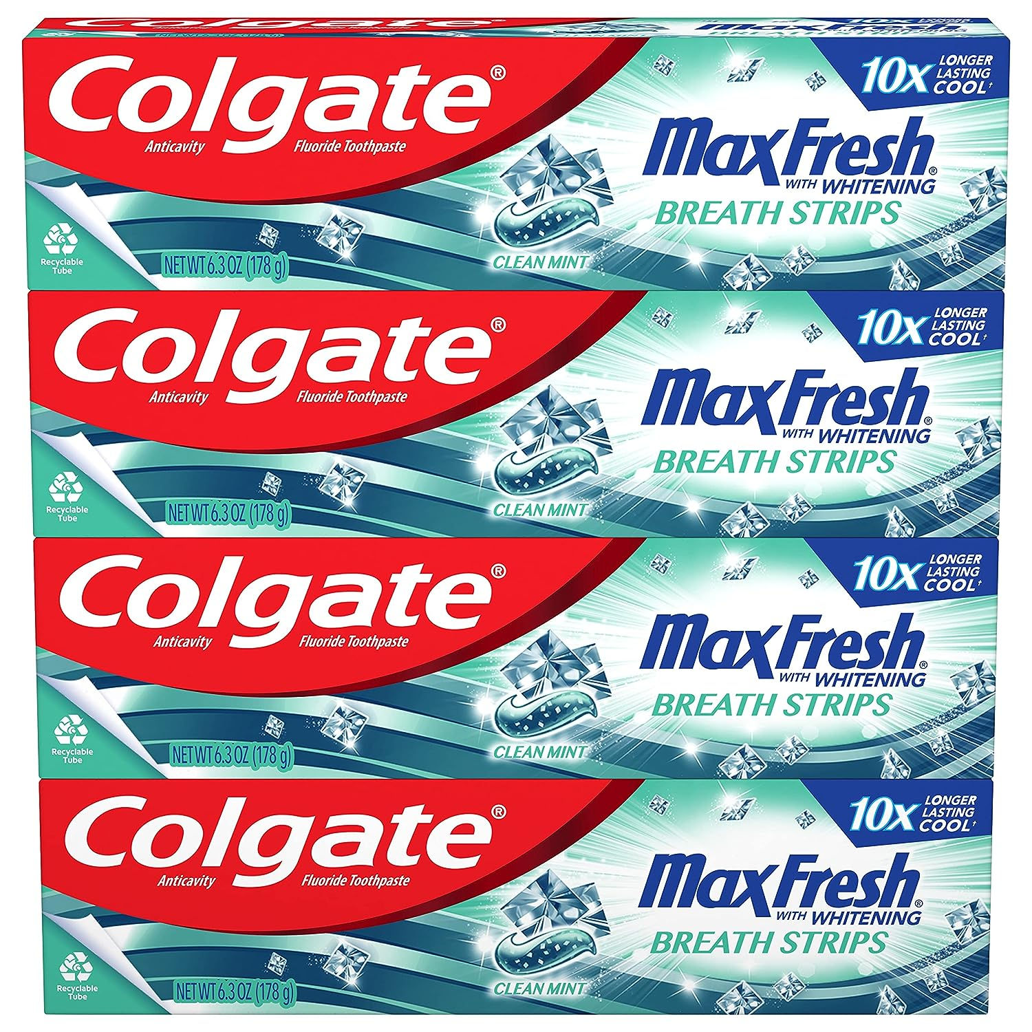 Colgate Max Fresh Whitening Toothpaste with Mini Strips, 4 Pack, 6.3 Oz Tubes