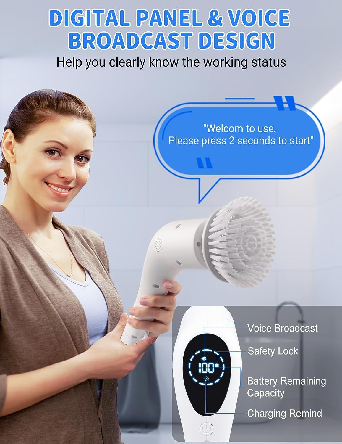 Electric Spin Scrubber, Cordless Shower Scrubber with 3 Speeds 430 RPM