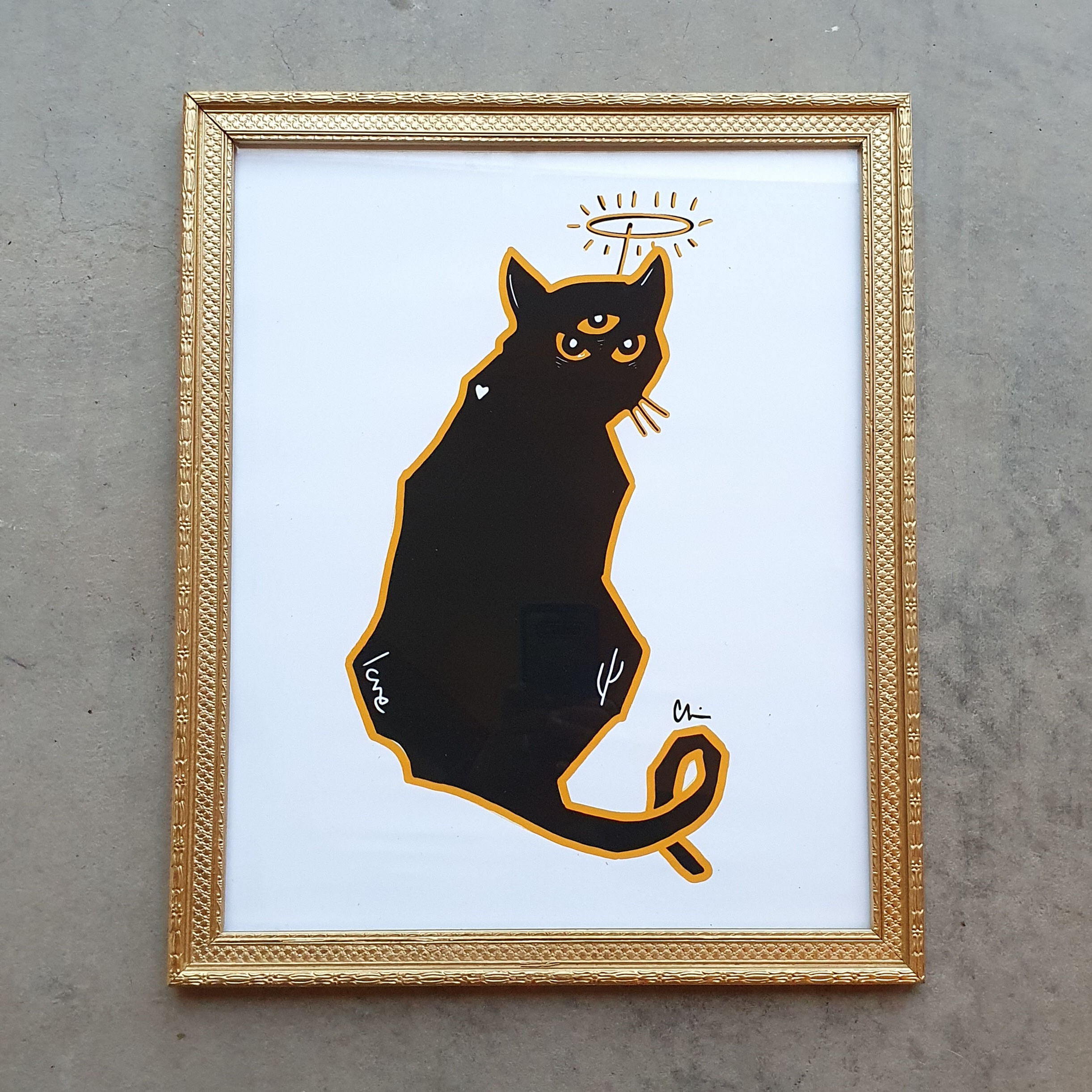 SOLD - Three-Eyed Black Cat Gold Framed Print