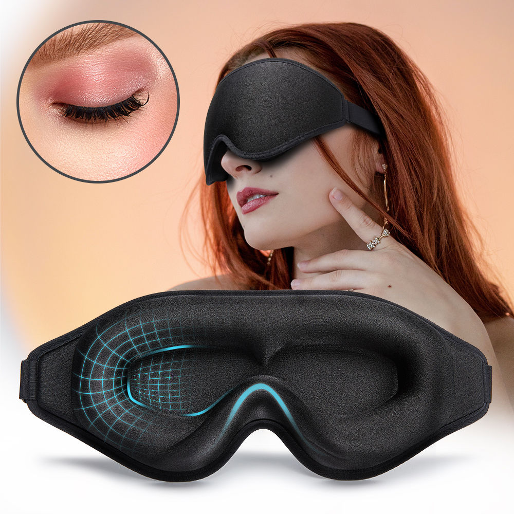 3D Memory Foam Sleep Mask, woman wearing mask, closed eye