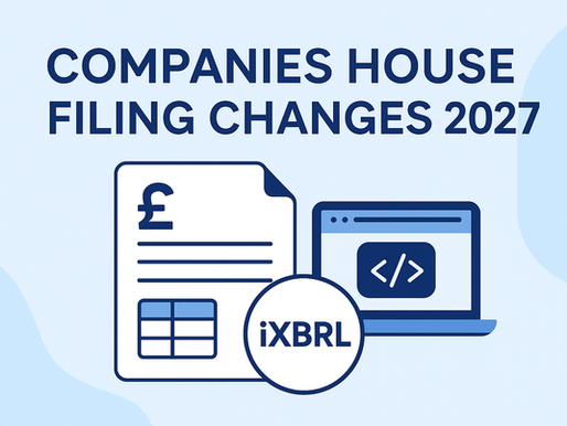 Graphic image of a computer and a form with an iXBRL logo and the words Companies House filing changes 2027.