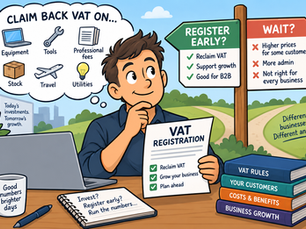 Cartoon of a man weighing up early registration for VAT