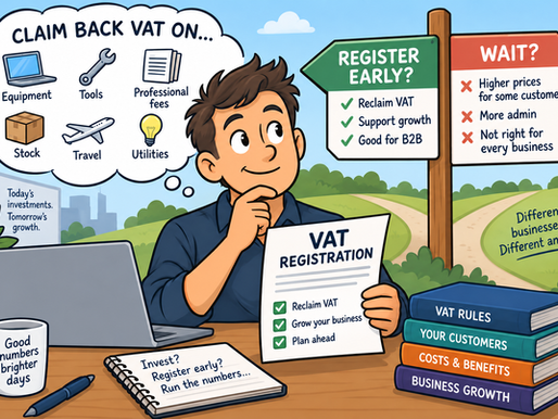 Cartoon of a man weighing up early registration for VAT
