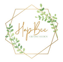 HapBee logo centered in leaf branches and two overlapping pentagons