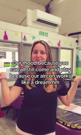 Screenshot of soft play venue story with text "our mood because you can all still come and play because our aircon works like a dreammm"
