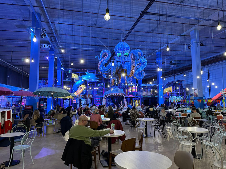 Indoor play centre cafe with underwater theme hanging decorations