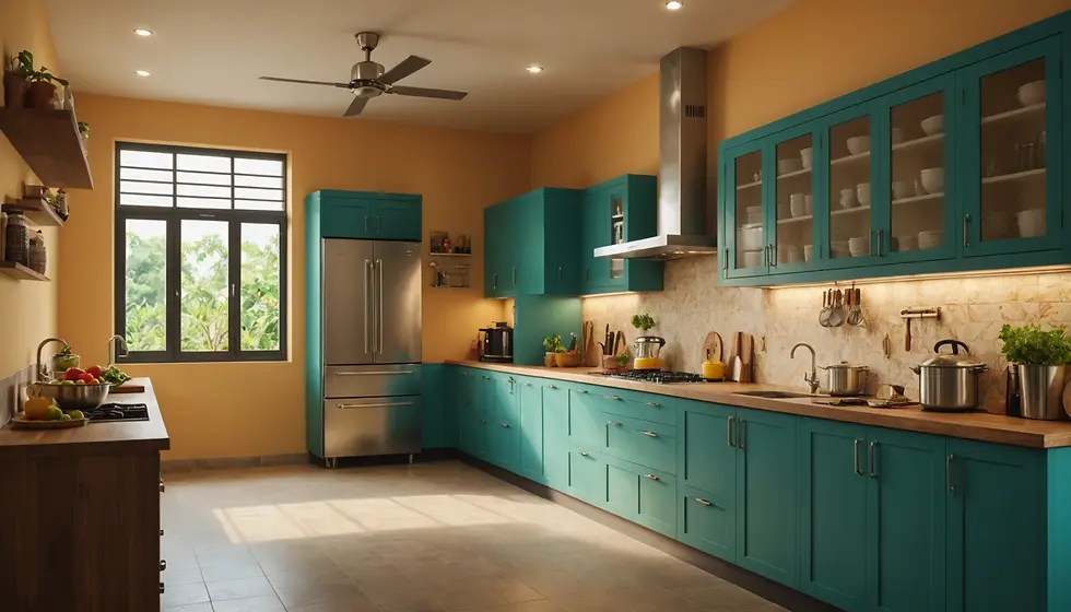 Wide-angle view of a modern open-plan kitchen in Tamil Nadu