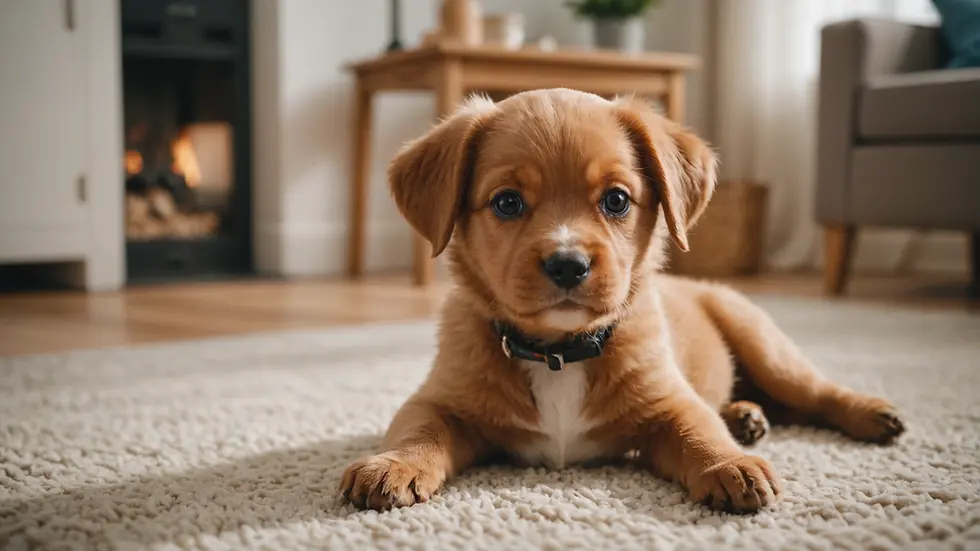Close-up view of a playful puppy sitting in a home setting