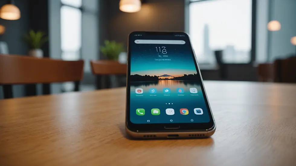 Eye-level view of a modern smartphone on a table