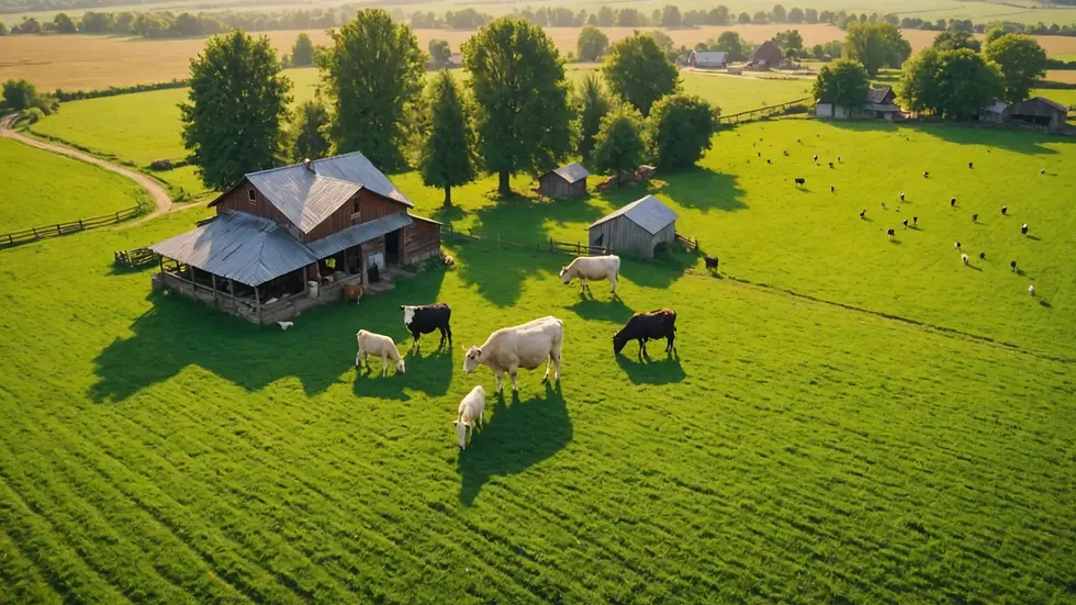 High angle view of a rural farm with cows and goats