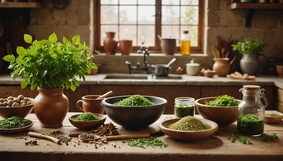 Variety of fresh and dried herbs, roots, and spices, ideal for crafting herbal remedies and traditional medicine.