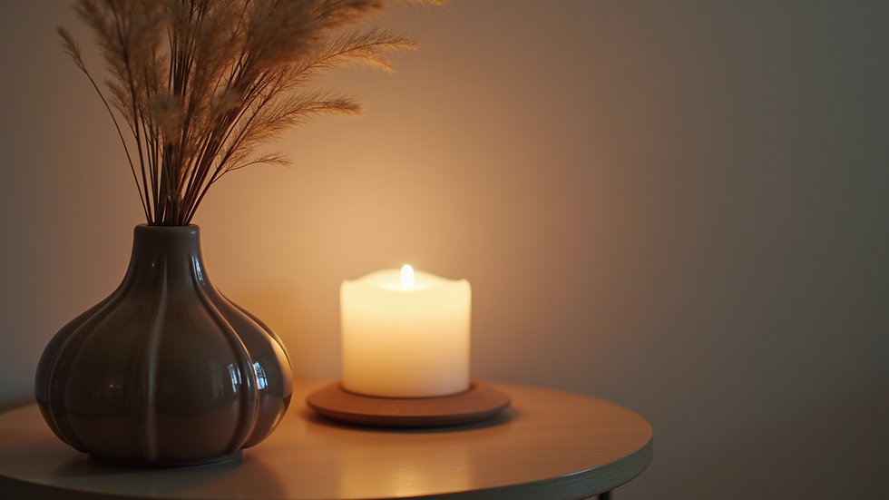 Close-up view of a side table with a decorative vase and candle