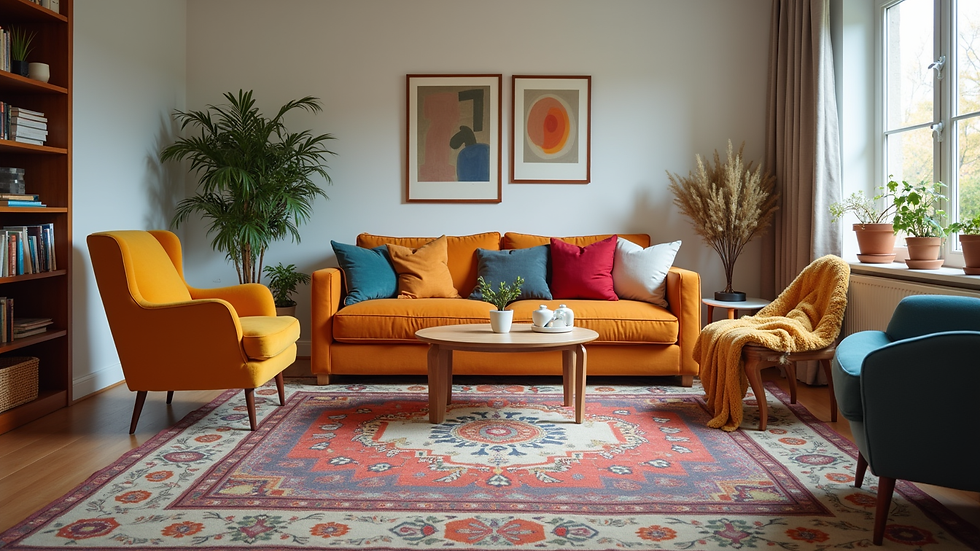 Eye-level view of a living room with colourful cushions and a patterned rug