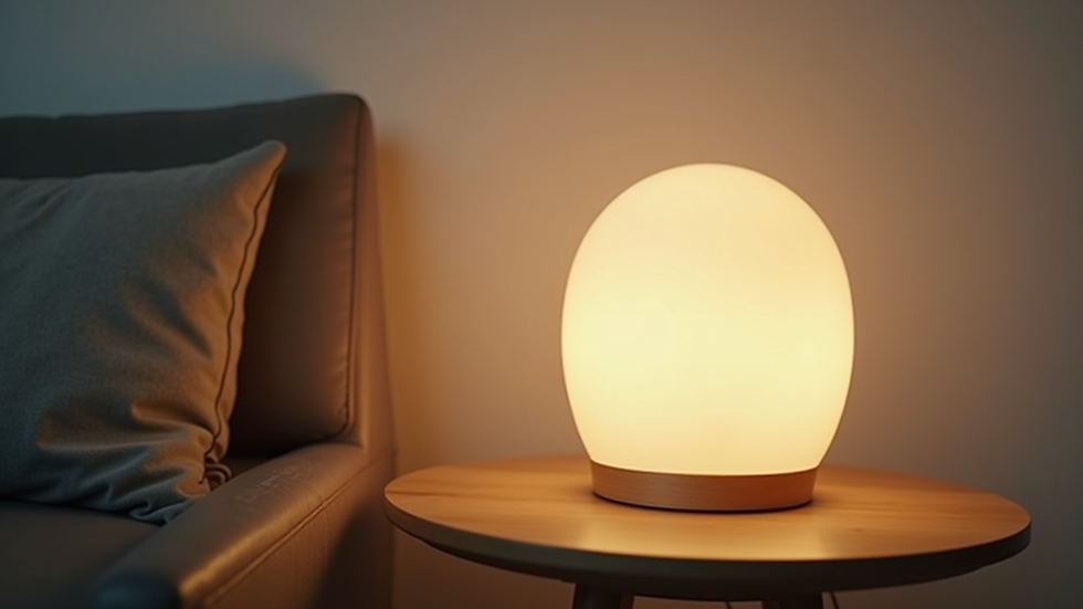 Close-up view of a modern table lamp on a wooden side table