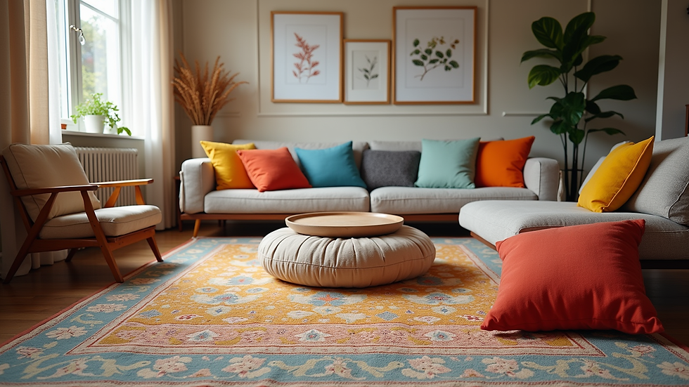 Eye-level view of a living room with colourful cushions and a patterned rug