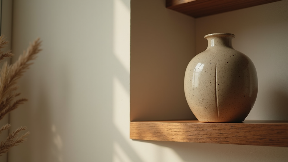 Close-up view of a decorative vase on a wooden shelf