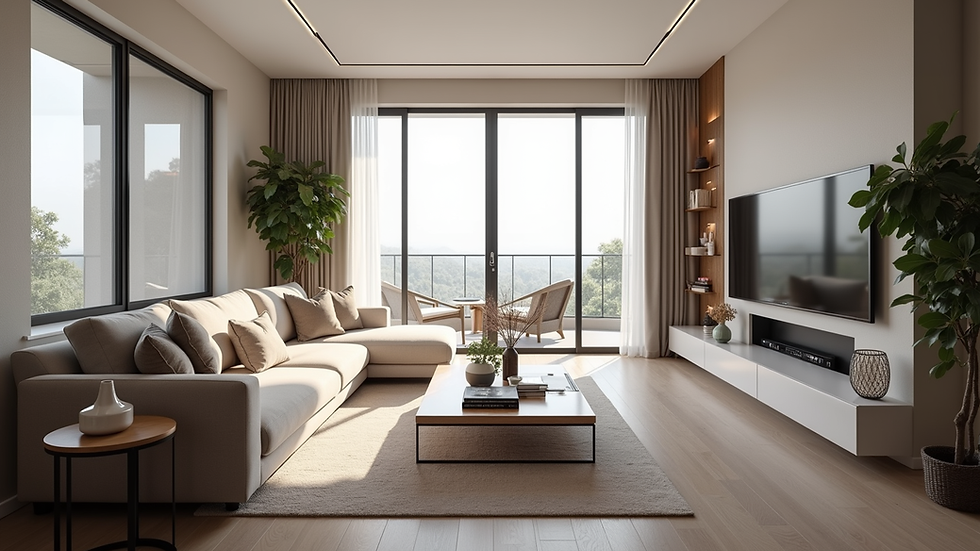 Eye-level view of a stylish living room with modern decor