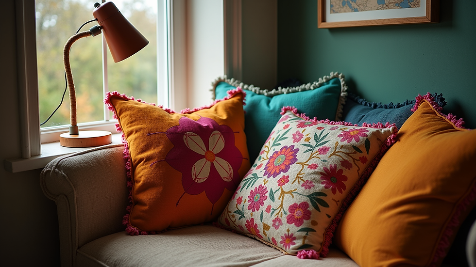 High angle view of a cosy reading nook with colourful cushions and a unique lamp