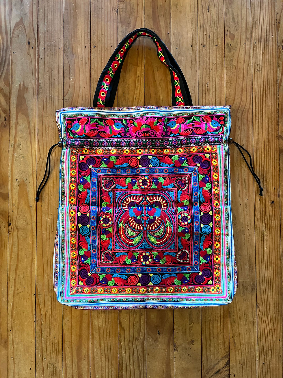 Large Embroidered Tote Bag Hearts & Birds