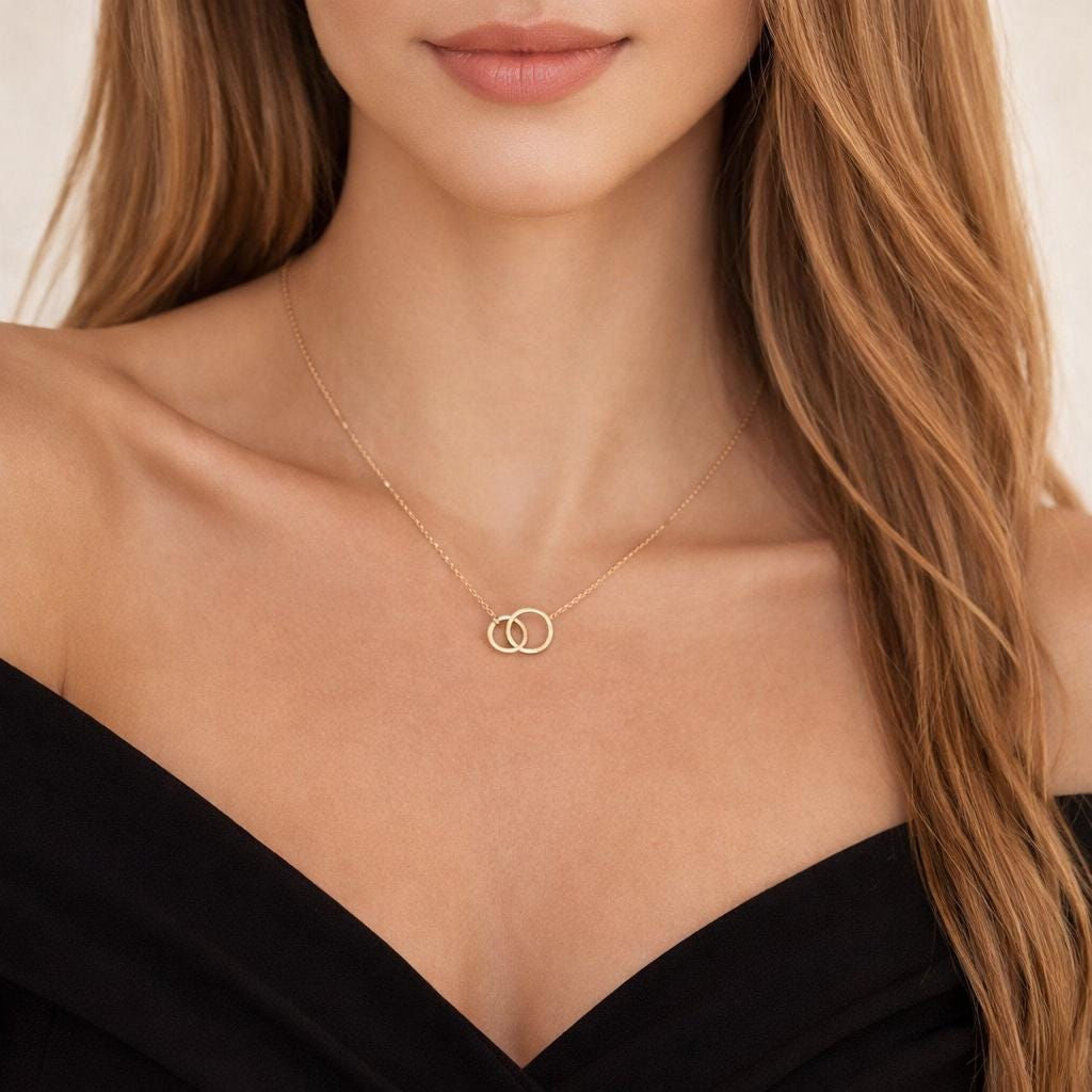 Interlocking Double Ring Pendant Necklace: Waterproof Stainless Steel