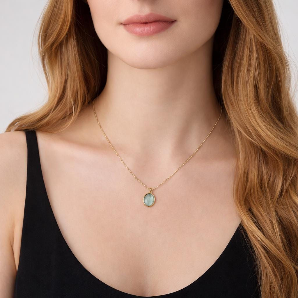 925 Sterling Silver Oval Sea Blue Cat Eye Pendant Necklace, Minimalist Lock Bone
