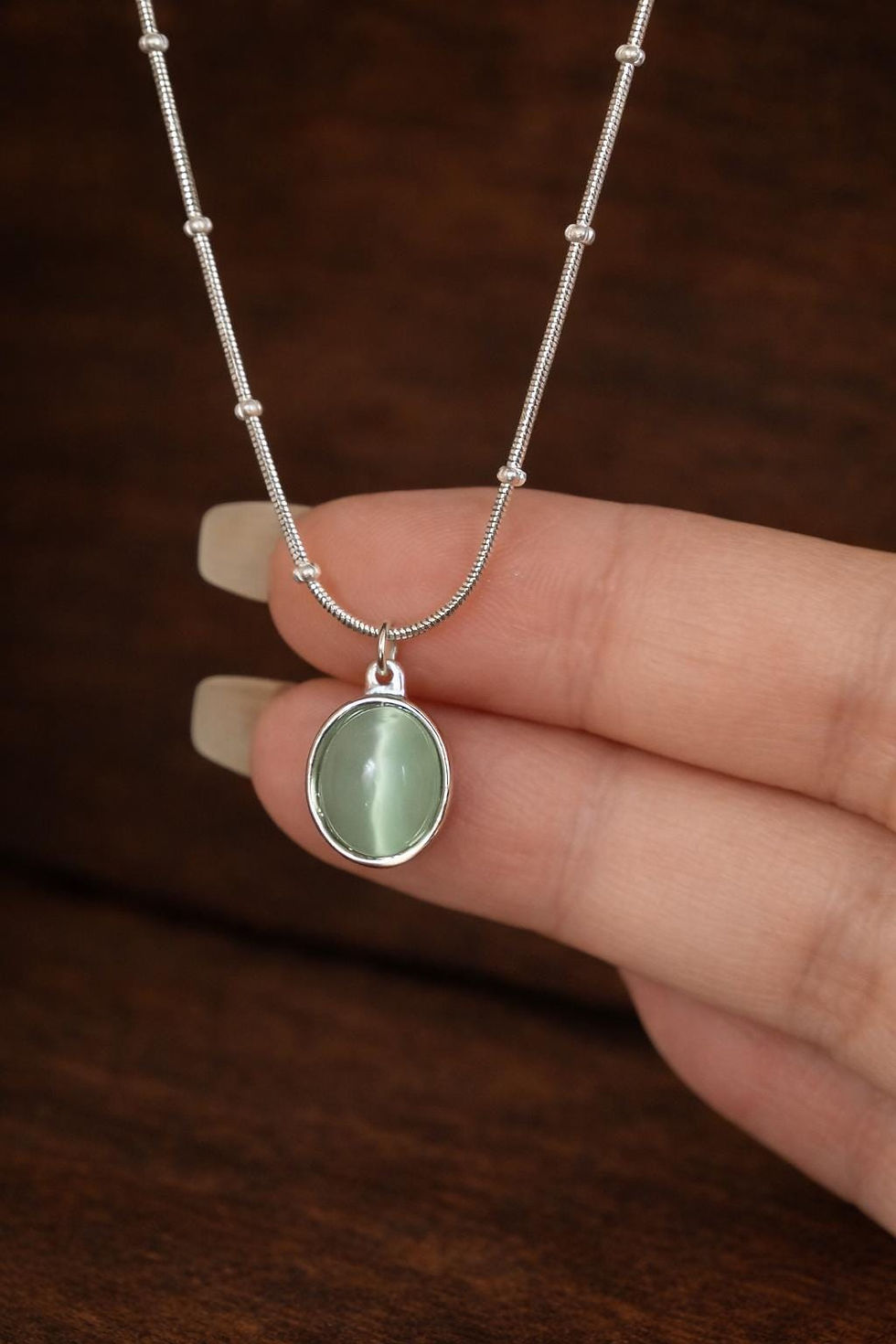 Thumbnail: 925 Sterling Silver Oval Sea Blue Cat Eye Pendant Necklace, Minimalist Lock Bone