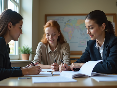 Three women discussing paperwork