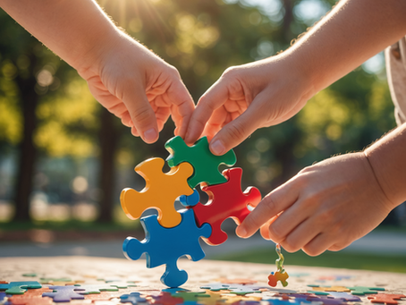 Three hands piecing puzzle pieces together