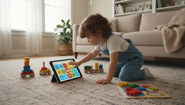 Wide-angle view of a speech tablet beside toys on a living room rug