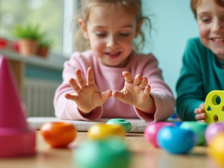 A boy and a girl engaging in table toy play.