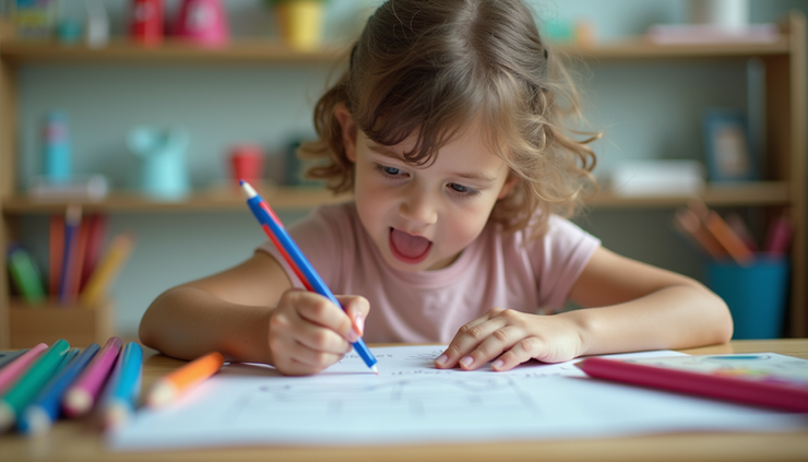 Eye-level view of a child organizing colorful school supplies on a desk